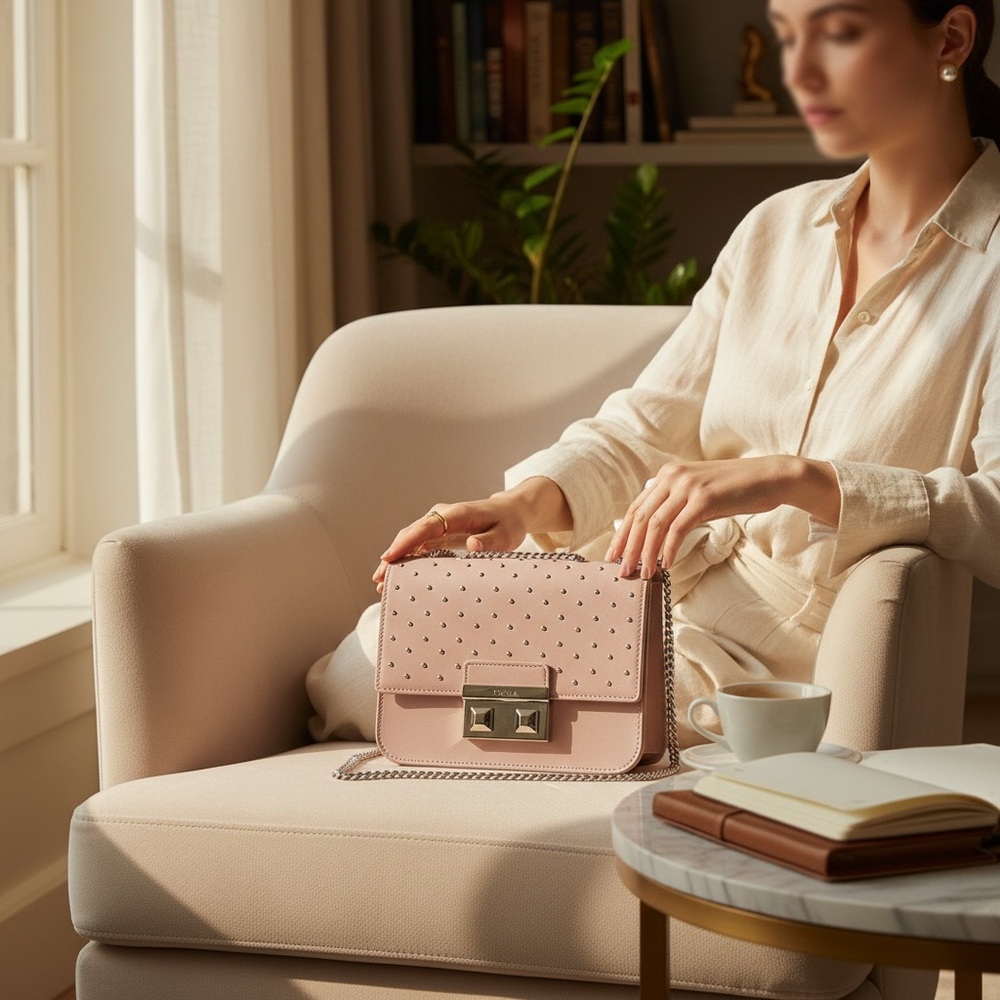 Furla Metropolis Mini Studded Leather Crossbody Blush Pink Saffiano Chain Bag - Picture 2 of 15